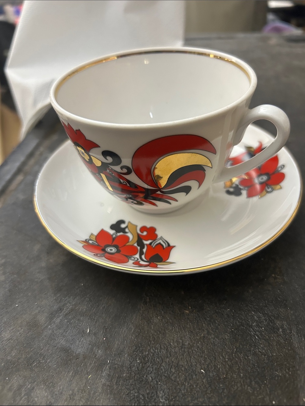 Imperial Porcelain Red Roosters Teacup and Saucer Set LFZ Lomonosov Tea Cup